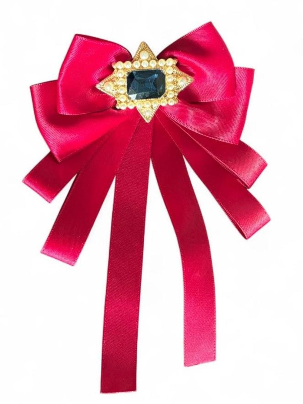 Red Satin Ribbon Brooch with Gold and Dark Gem
